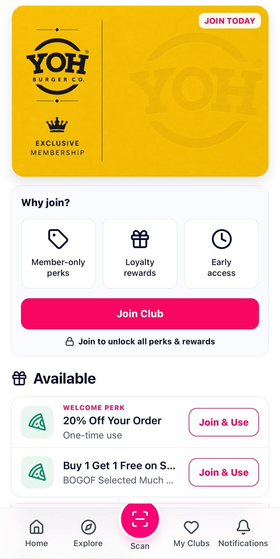 A WOOP Club page on a phone: a business membership card, a “Why join?” panel, a Join Club button, and the Welcome Benefit and Member Benefits listed underneath.